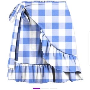 Blue and white gingham ruffle hem wrap skirt